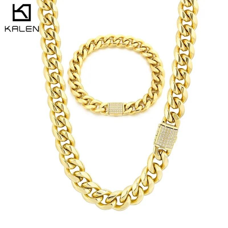 10MM Cuban Chain Bracelet Necklace with Cnc Stone Clasps - kalen