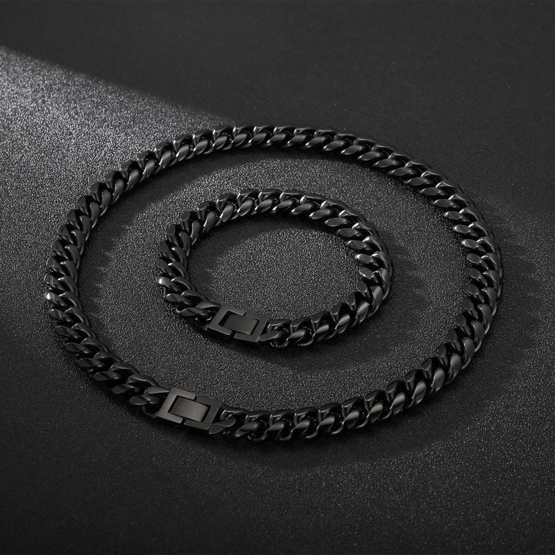 12mm Brushed Black Miami Cuban Link Chain Necklace Bracelet Set With Buckle Clap - kalen