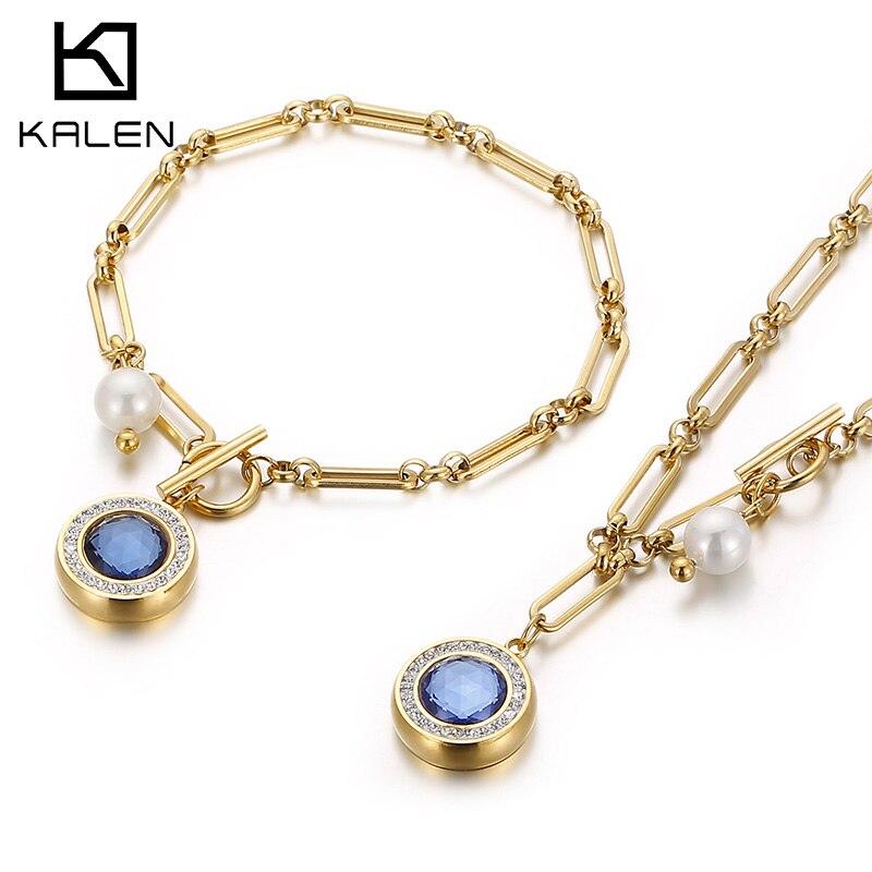 Kalen Zircon Delicate Christmas Gift Necklaces & Bracelets Set Bohemian Pearl Beads Charm Chunky Links Chain for Women Jewelry.
