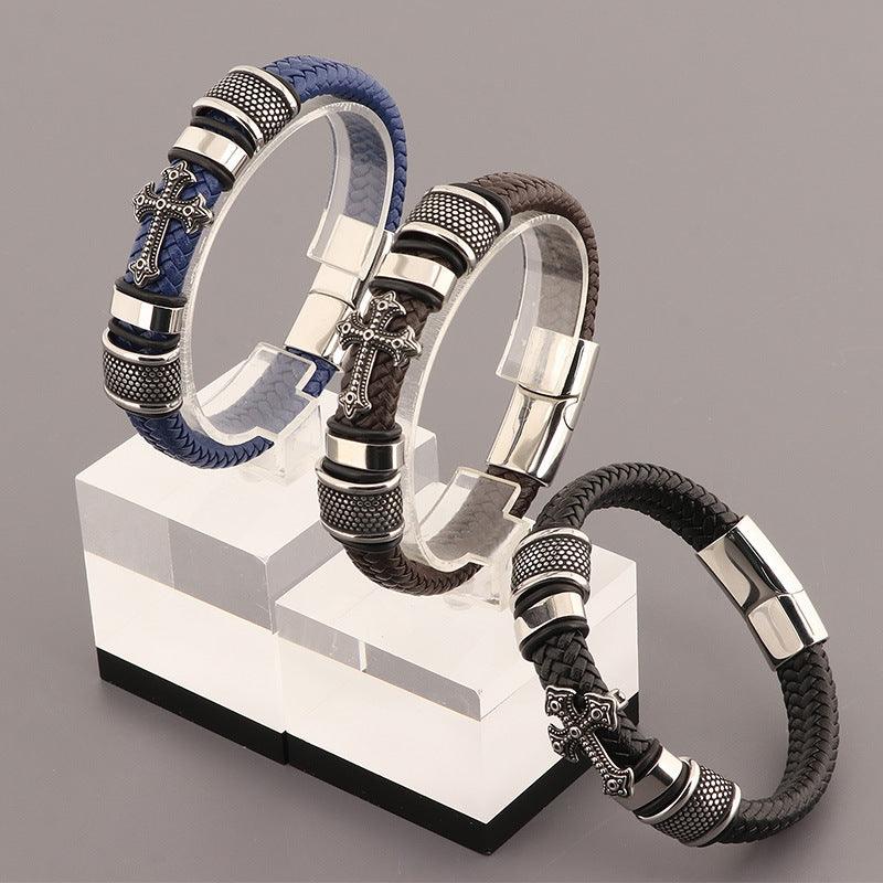 KALEN 12mm Cowhide Leather Stainless Steel Cross Bracelet for Men - kalen