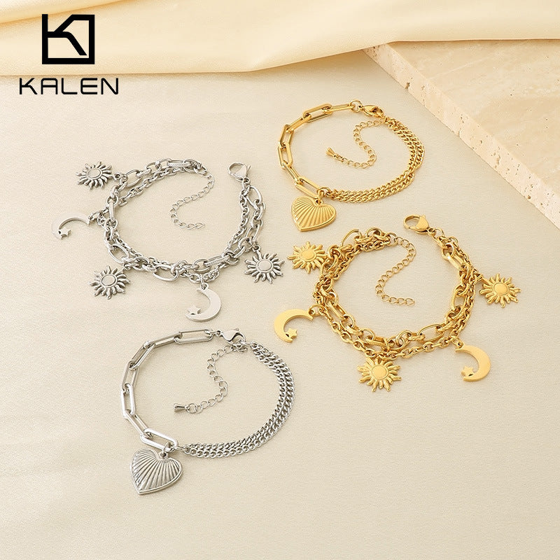 Wholesale Stainless Steel Sun Moon & Heart Charm Chain Bracelets - view 1