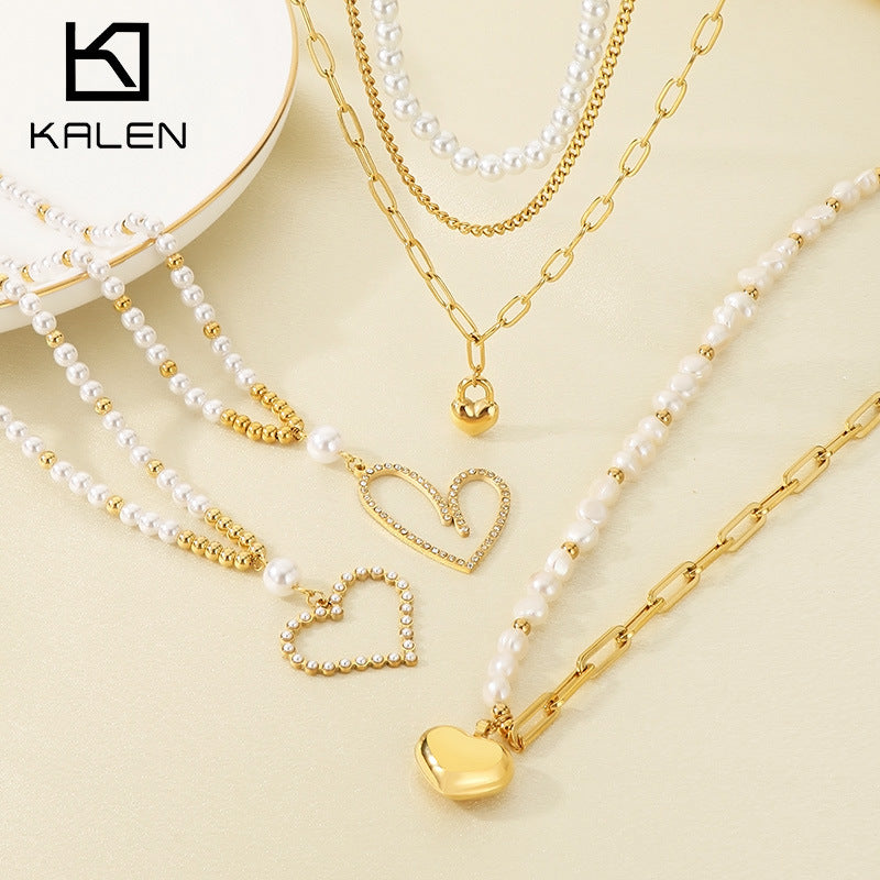 Love pearl chain fringe cuban link braided pin heart shape pendant necklace - view 1