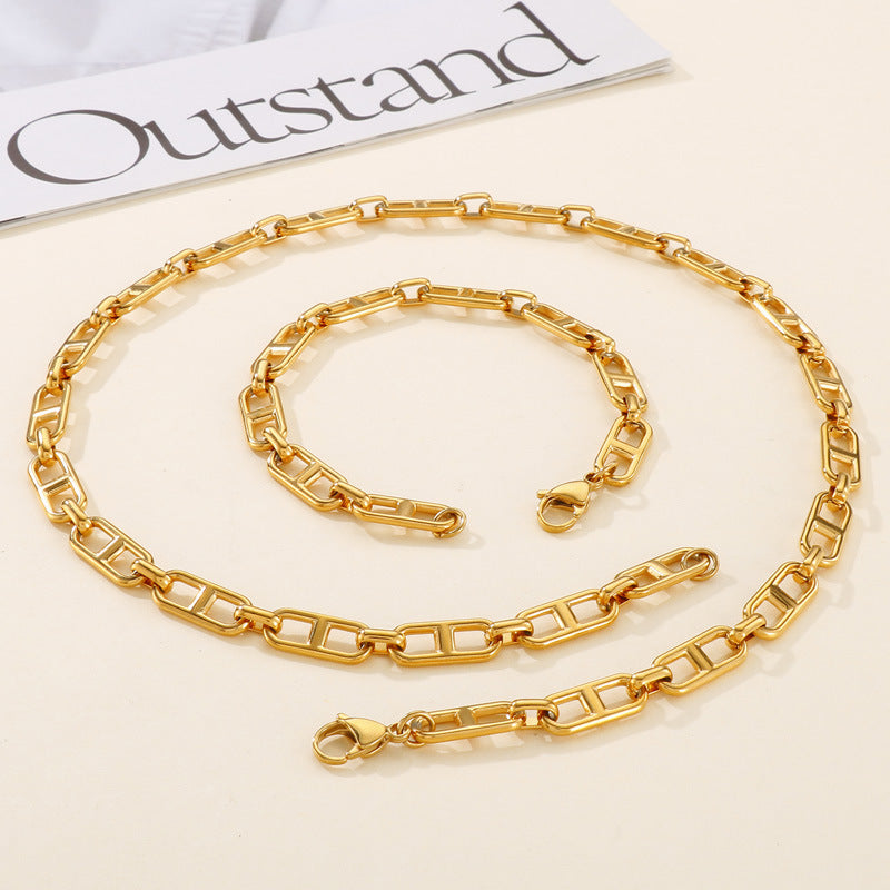 Paperclip Stainless Steel Gold Chain Necklace and Bracelet - view 1