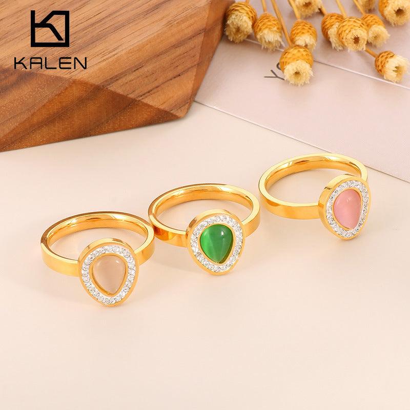 KALEN Wholesale Stainless Steel Natural Stone Zircon Oval Rings For Women - kalen