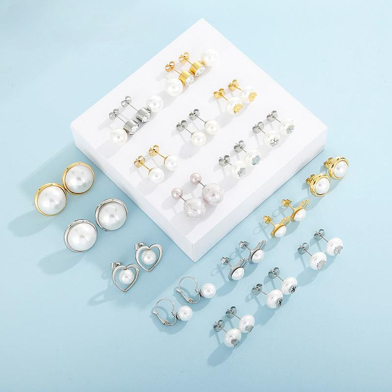Stainless Steel Round Heart Pearl Stud Earrings - view 1