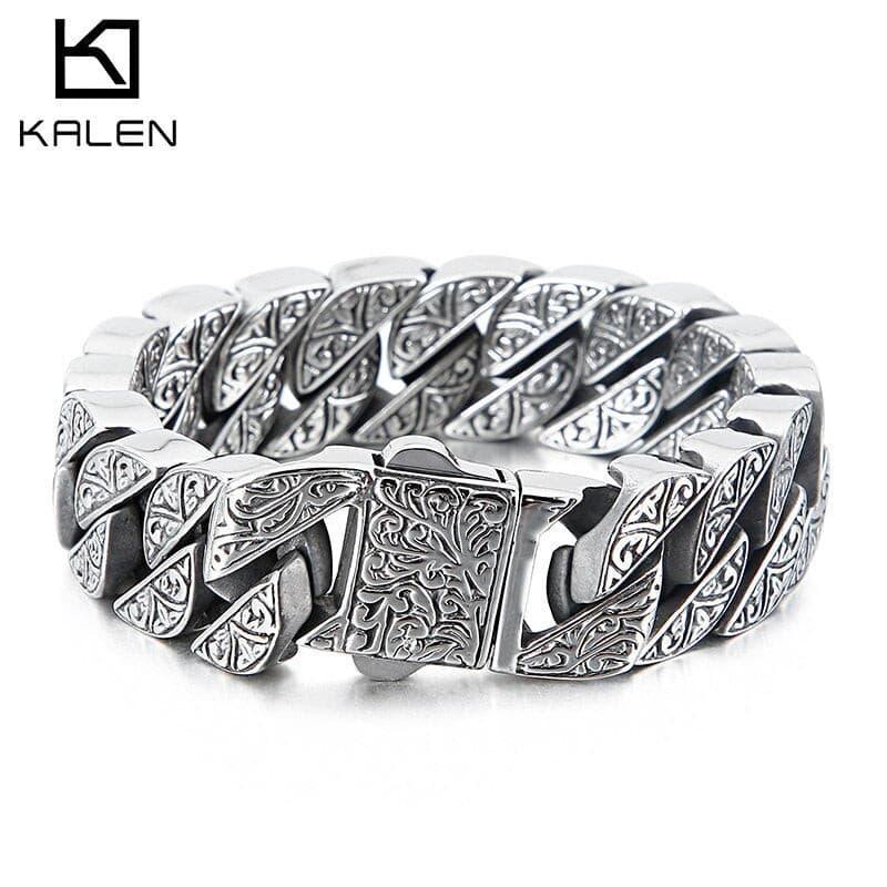 Kalen 17mm Punk Chunky Curb Cuban Thick Chain Bracelet Men's Stainless Steel Mysterious Symbol Charm Armband Jewelry.