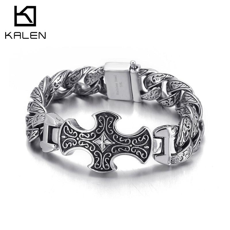 Kalen 18mm Totem Pattern Vintage Cuban Bracelet Men's 316 Stainless Steel Rock Jewelry.