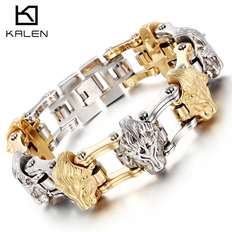 Kalen 22mm Biker Stainless Steel Bicycle Chain Lion Wolf Animal Charm Bracelet for Men - kalen