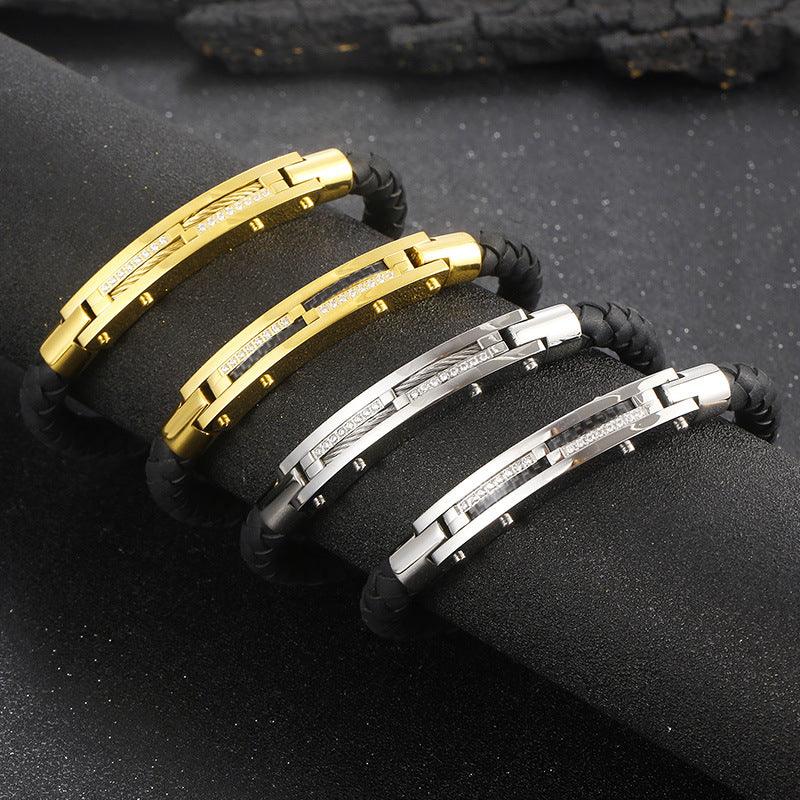 Kalen 8mm Leather Stainless Steel Zircon Charm Bracelet For Men - kalen