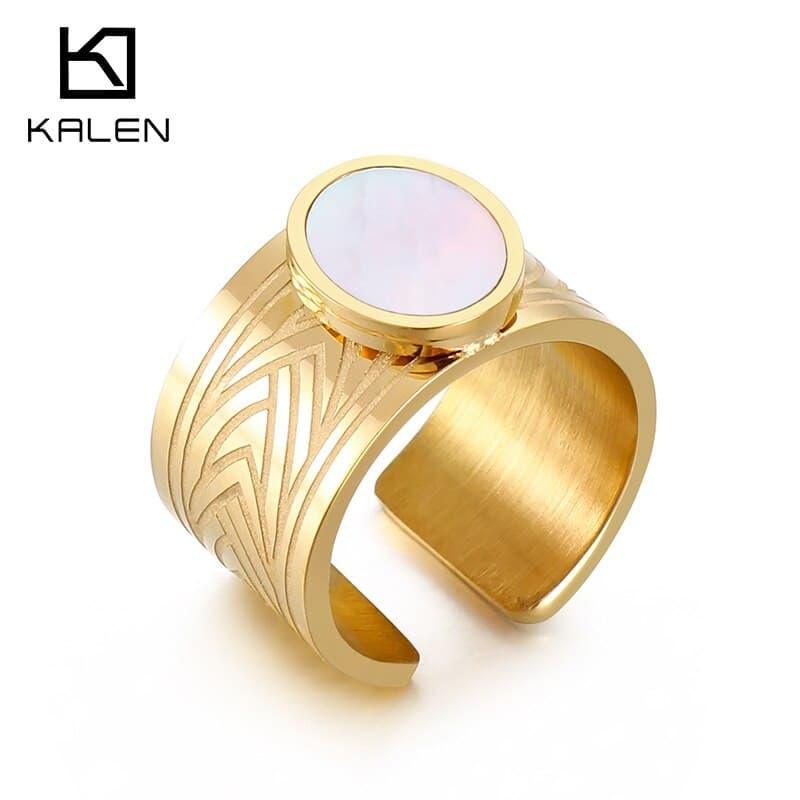 KALEN Bohemian White Shell Round Metal Ring Geometric Stainless Steel Open Rings for Women Girl Wedding Jewelry.
