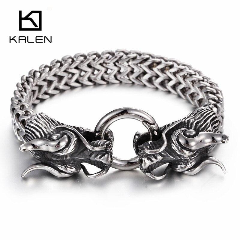 KALEN Chinese Dragon Head Charm Bracelets For Men 316 Stainless Steel High Polished Curb Chain Bracelet Jewelry.
