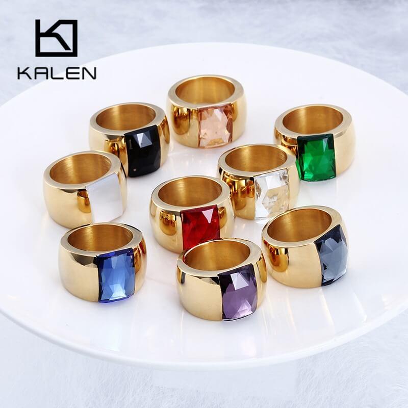 Kalen Fashion Gold & Color Stainless Steel Rings For Women Sqare Colorful Stone Glass Femme Rings Anillos Mujer Jewelry Gifts.
