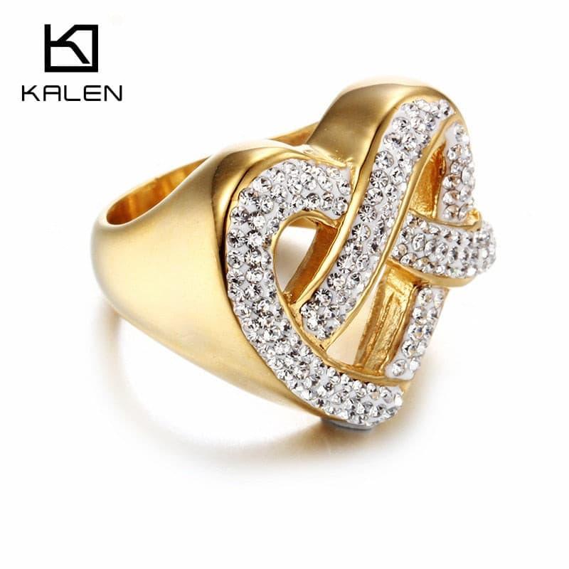 Kalen New Fashion Dubai Gold Color Rings Stainless Steel & Rhinestone Bagues Femme Heart Shaped Party Engagement Couple Jewelry.