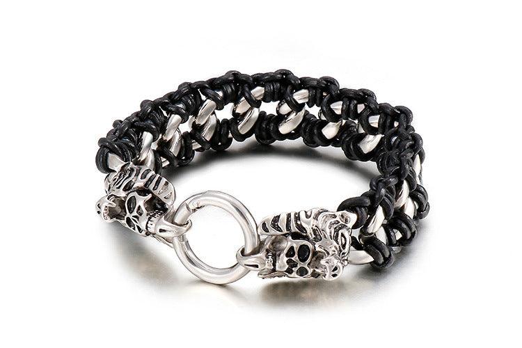 KALEN Punk 22mm Cowhide Leather Stainless Steel Woven Skull Wolf Dragon Animal CharmBracelet for Men - kalen