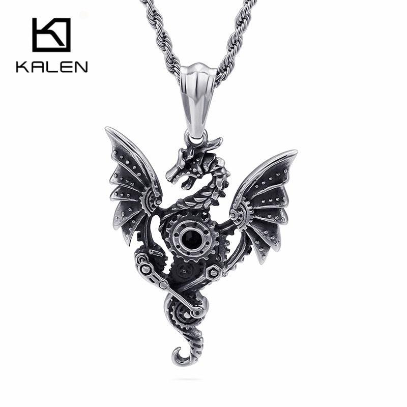 KALEN Unique Stainless Steel Pterosaur Pendant Necklace Men Women Hip Hop Machine Dragon With Wings Chain Necklace Jewelry.