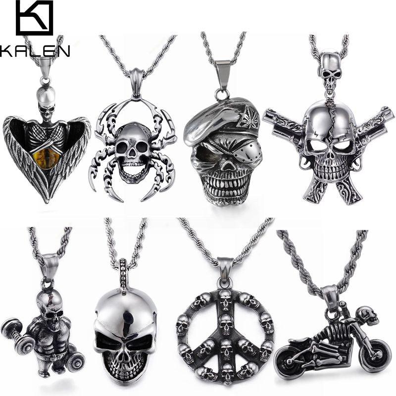 KALEN Stainless Steel Punk Skull Pendant Necklace Men Viking Skeleton Charm Twisted Long Chain Choker Gothic Jewellry.