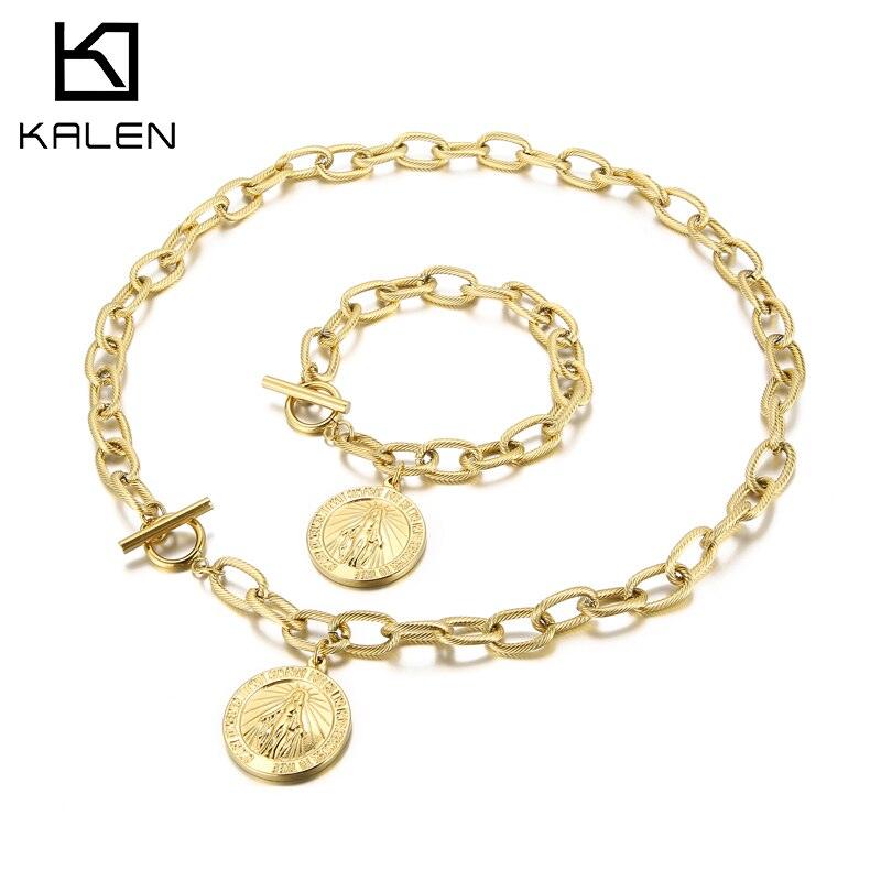 KALEN Fashion Jesus Jewelry Sets Stainless Steel Silver Colour Coin Bracelet & Pendant Necklace Set for Women Jewelry Gifts.