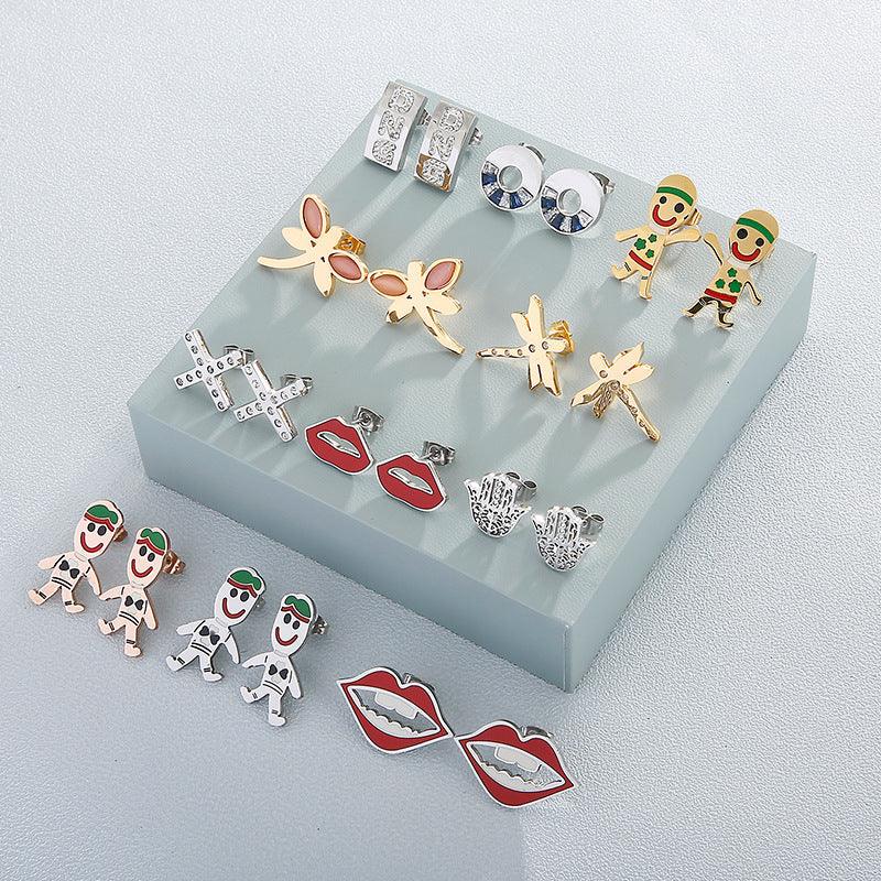 Stainless Steel Cute Enamel Boy Zircon Lip X Palm Stub Earrings - kalen