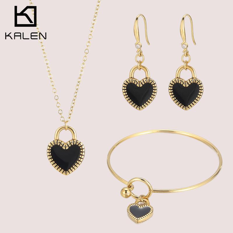 Stainless Steel Heart Enamel Drop Earrings Pendant Necklace Bracelet Bangle - kalen