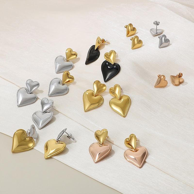 Stainless Steel Heart Stub Earrings Heart Pendant Necklace set - kalen
