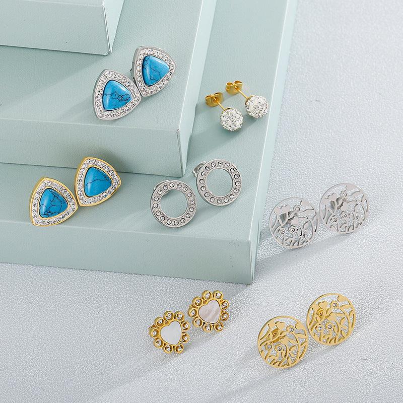 Stainless Steel Laser Cutting Enamel Zircon Opal Hoop Stub Earrings - kalen