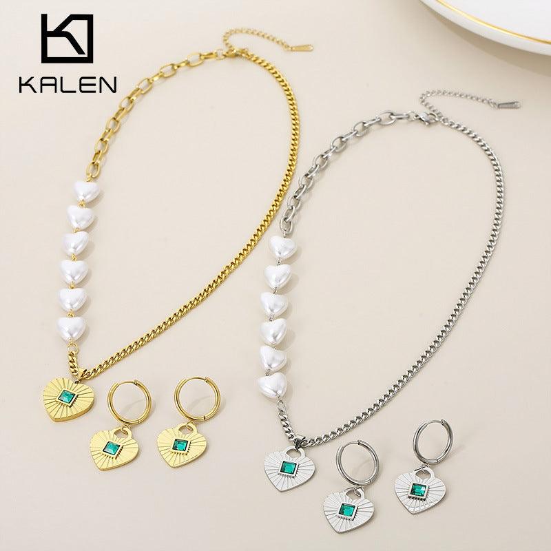 Stainless Steel Pearl Heart Hoop Earrings Heart Charm Pendant Necklace set - kalen