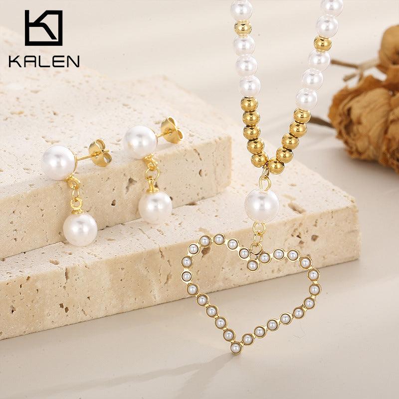 Stainless Steel Pearl Stub Earrings Pearl Heart Pendant Necklace set - kalen