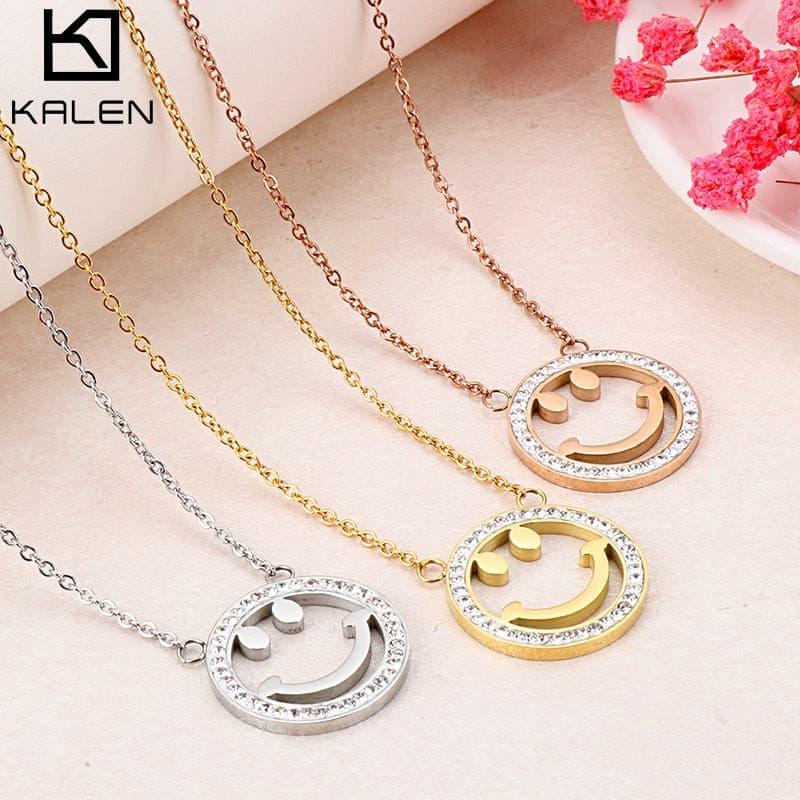 Kalen Female's Simple Design Small Fresh Lucky Smiley Pendant Link Chain Necklace Stainless Steel Easy-button Jewelry.