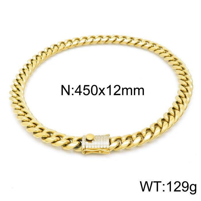 10/12mm Polished Miami Cuban Chain Bracelet Necklace Set with Zircon Box Lock Clap - kalen