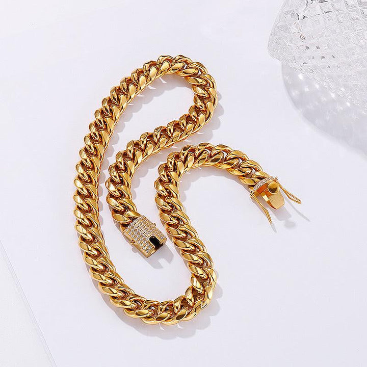 10/12mm Polished Miami Cuban Chain Bracelet Necklace Set with Zircon Box Lock Clap - kalen