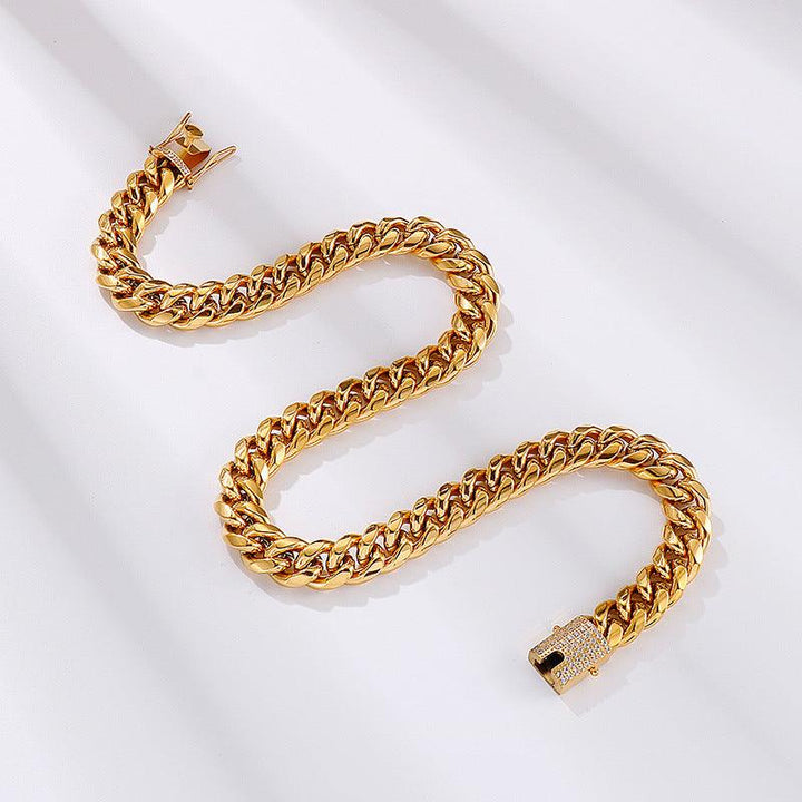 10/12mm Polished Miami Cuban Chain Bracelet Necklace Set with Zircon Box Lock Clap - kalen