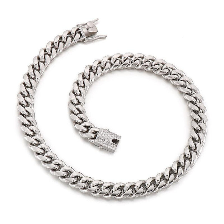10/12mm Polished Miami Cuban Chain Bracelet Necklace Set with Zircon Box Lock Clap - kalen
