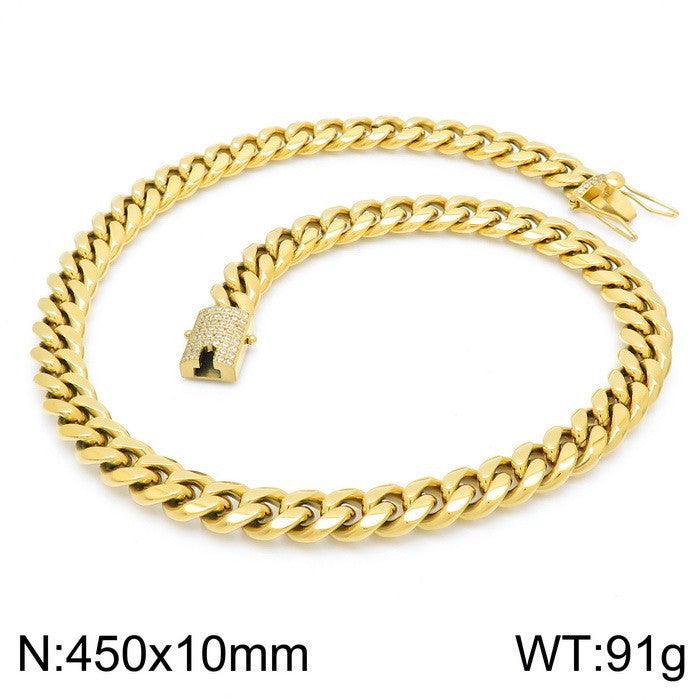 10/12mm Polished Miami Cuban Chain Bracelet Necklace Set with Zircon Box Lock Clap - kalen