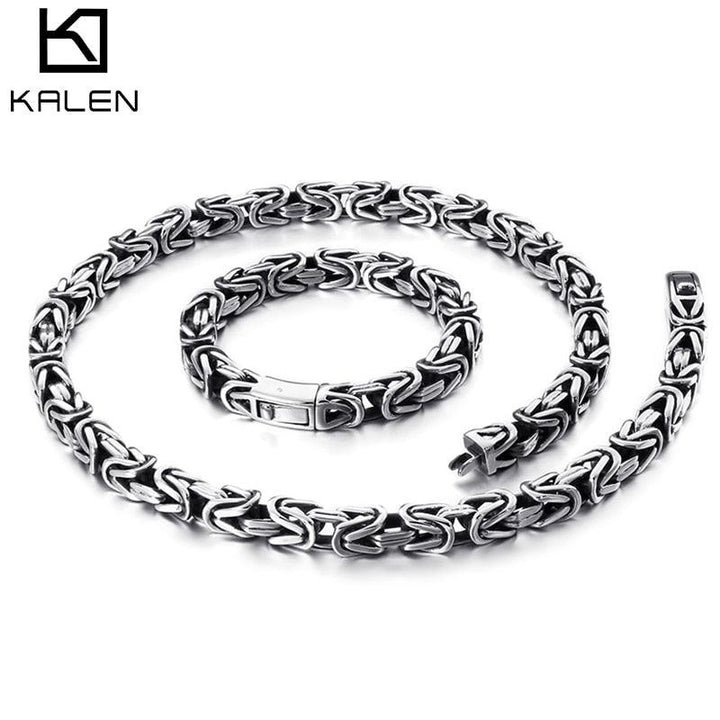 KALEN Stainless Steel 60cm Byzantine Chain Necklace &amp; Bracelet Set Men Punk Heavy Chunky Statement Choker Bangle Jewelry Sets.