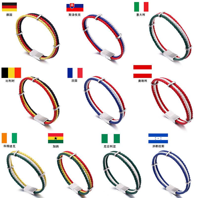 10mm National Flag Color World Cup Leather Bracelet Bracelet for Men Women - kalen