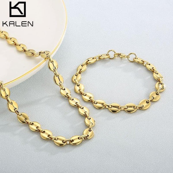 KALEN Coffee Bean Chains Necklaces Stainless Steel Bracelets Gold Color Stainless Steel Jewelry Sets For Women Statement Jewelry.