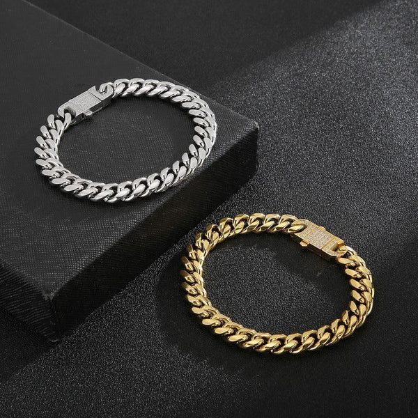 10mm Polished 2-Side Cut Curb Cuban Chain Bracelet Necklace with Zircon Push Button Lock Clap - kalen