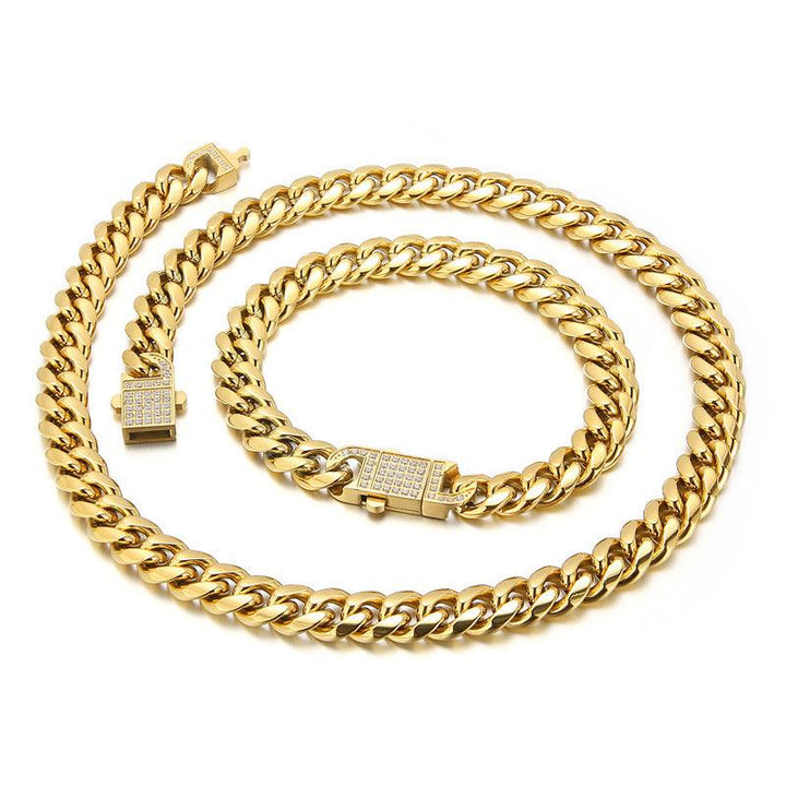 10mm Polished 2-Side Cut Curb Cuban Chain Bracelet Necklace with Zircon Push Button Lock Clap - kalen