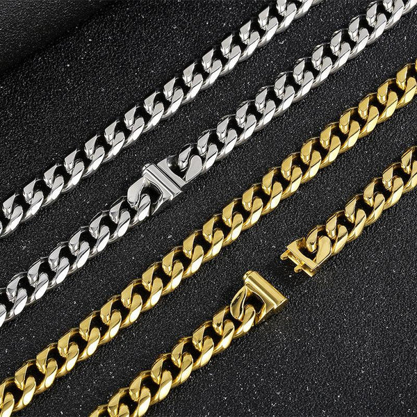 10mm Polished 6-Side Cut Curb Cuban Chain Bracelet Necklace with Button Clap - kalen