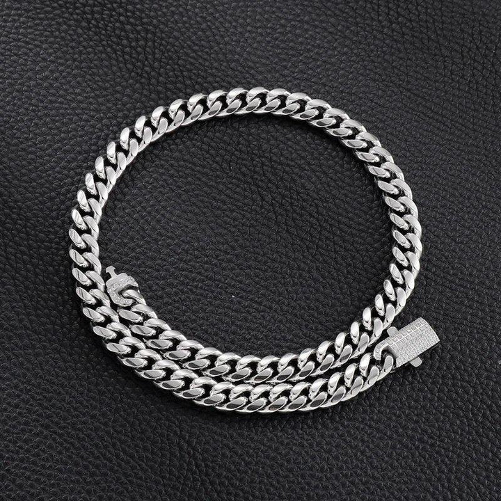 10mm Polished Miami Cuban Chain Bracelet Necklace Set with CNC Zircon Push Button Clap - kalen