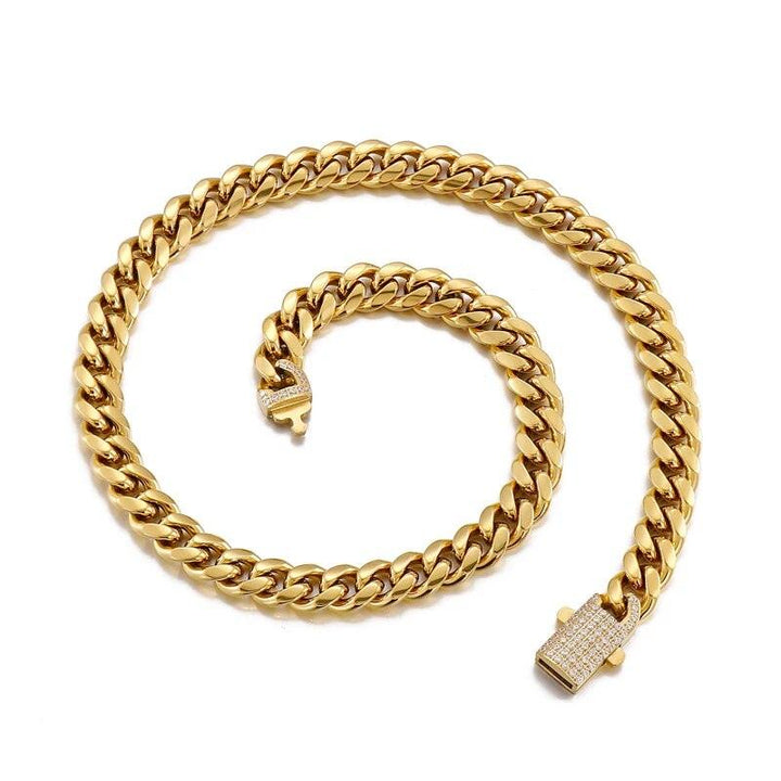 10mm Polished Miami Cuban Chain Bracelet Necklace Set with CNC Zircon Push Button Clap - kalen