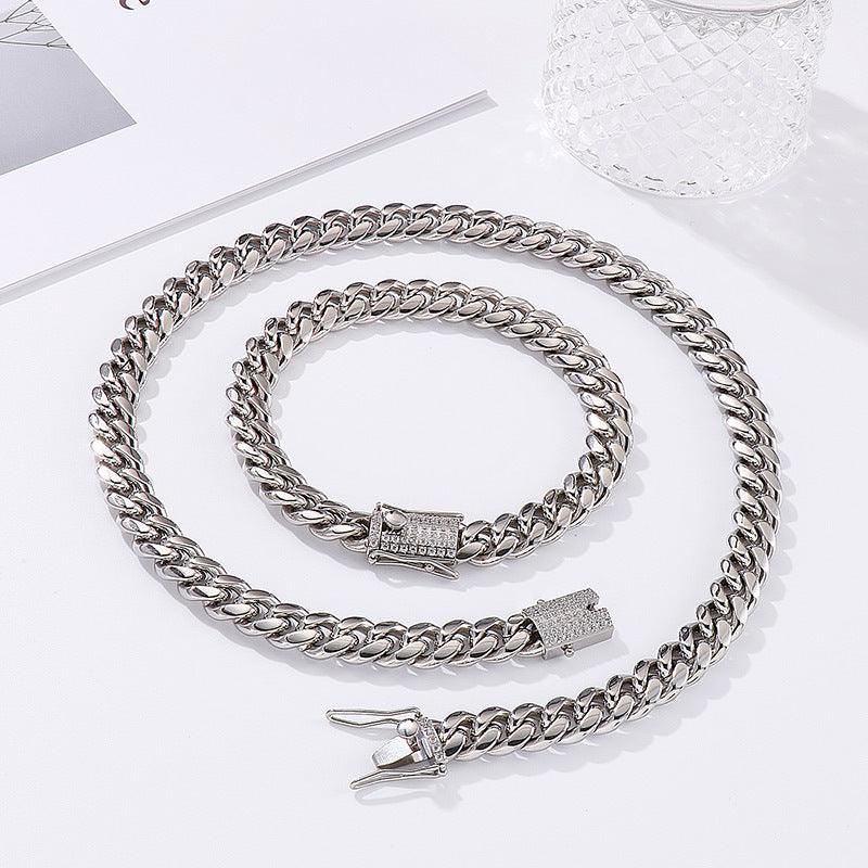 10mm Polished Miami Cuban Chain Bracelet Necklace Set with Zircon Push Button Lock Clap - kalen