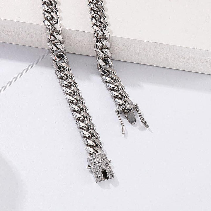 10mm Polished Miami Cuban Chain Bracelet Necklace Set with Zircon Push Button Lock Clap - kalen