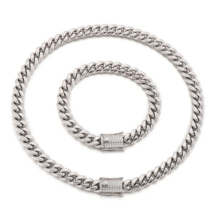 10mm Polished Miami Cuban Chain Bracelet Necklace Set with Zircon Push Button Lock Clap - kalen