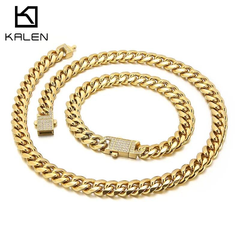 10mm Polished Miami Cuban Chain Chunky Bracelet Necklace with CNC Zircon Push Button Clap - kalen