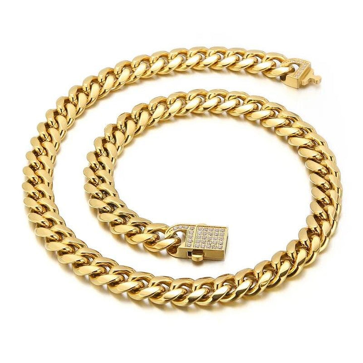 10mm Polished Miami Cuban Chain Chunky Bracelet Necklace with CNC Zircon Push Button Clap - kalen