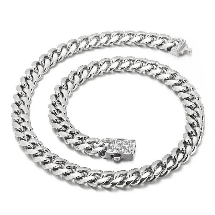 10mm Polished Miami Cuban Chain Chunky Bracelet Necklace with CNC Zircon Push Button Clap - kalen