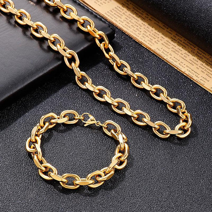 10mm PVD Plated Gold O-Chain Diamond Cutting Link Loop Chain Stainless Steel Bracelet Necklace Jewelry Set - kalen