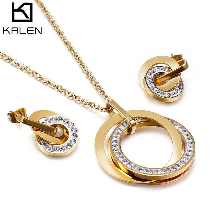 Kalen Stainless Steel Rounds Zircon Pendant Necklace Earrings Set Jewelry Sets For Women Fashion Jewelry Wholesale - kalen