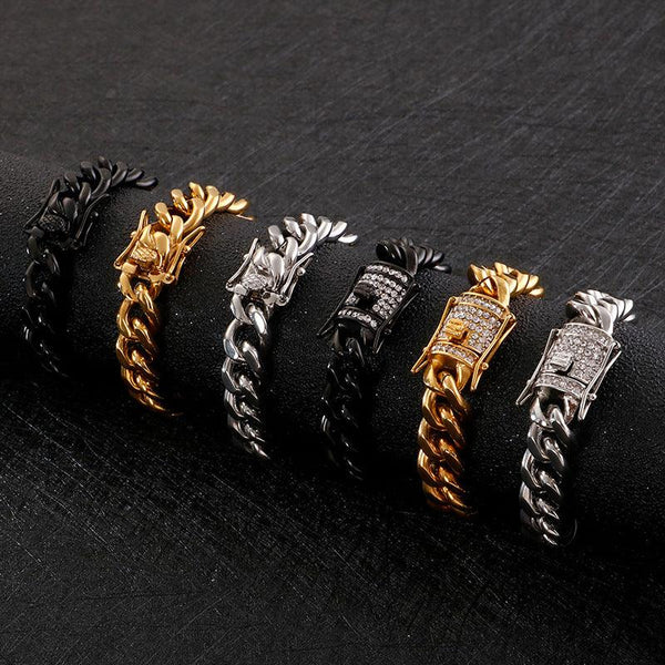 11mm Polished 2-Side Cut Curb Cuban Chain Bracelet with CNC Zircon Lock Button Clap - kalen